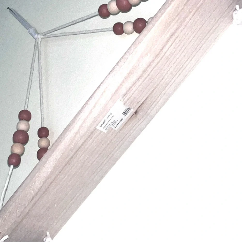 Macramé Hanging Shelf with Wooden Beads - White and wood plank